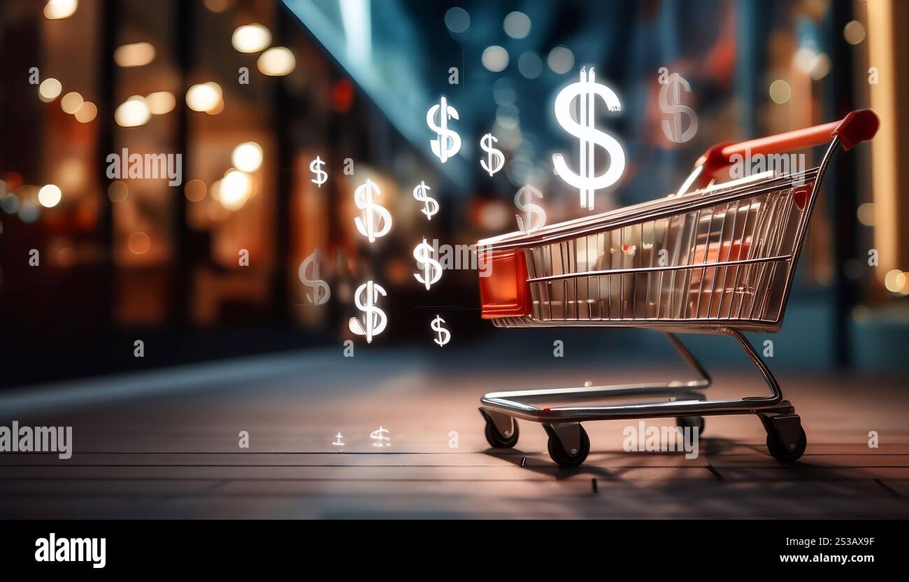 Illustrazione che rappresenta la vendita e il commercio, con simboli come un carrello della spesa, cartelli del dollaro e un punto vendita che simboleggia il commercio al dettaglio, il commercio e. Foto Stock