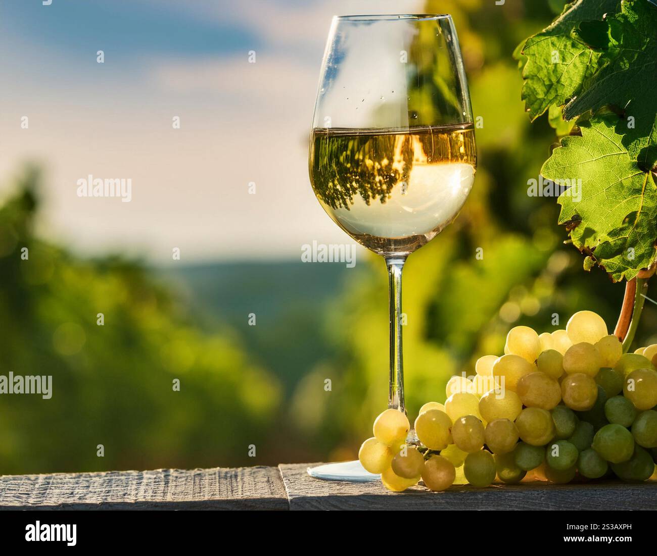 Un bicchiere di vino bianco siede elegantemente su una superficie di legno, circondato da uve verdi mature. Sullo sfondo, un vasto vigneto si estende sotto a. Foto Stock