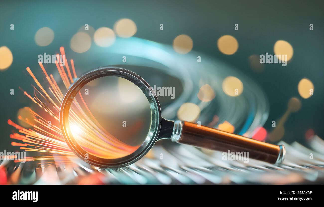 Illustrazione che illustra il concetto di zoom e messa a fuoco, con una lente di ingrandimento e linee di zoom che simboleggiano ingrandimento, dettaglio e. Foto Stock