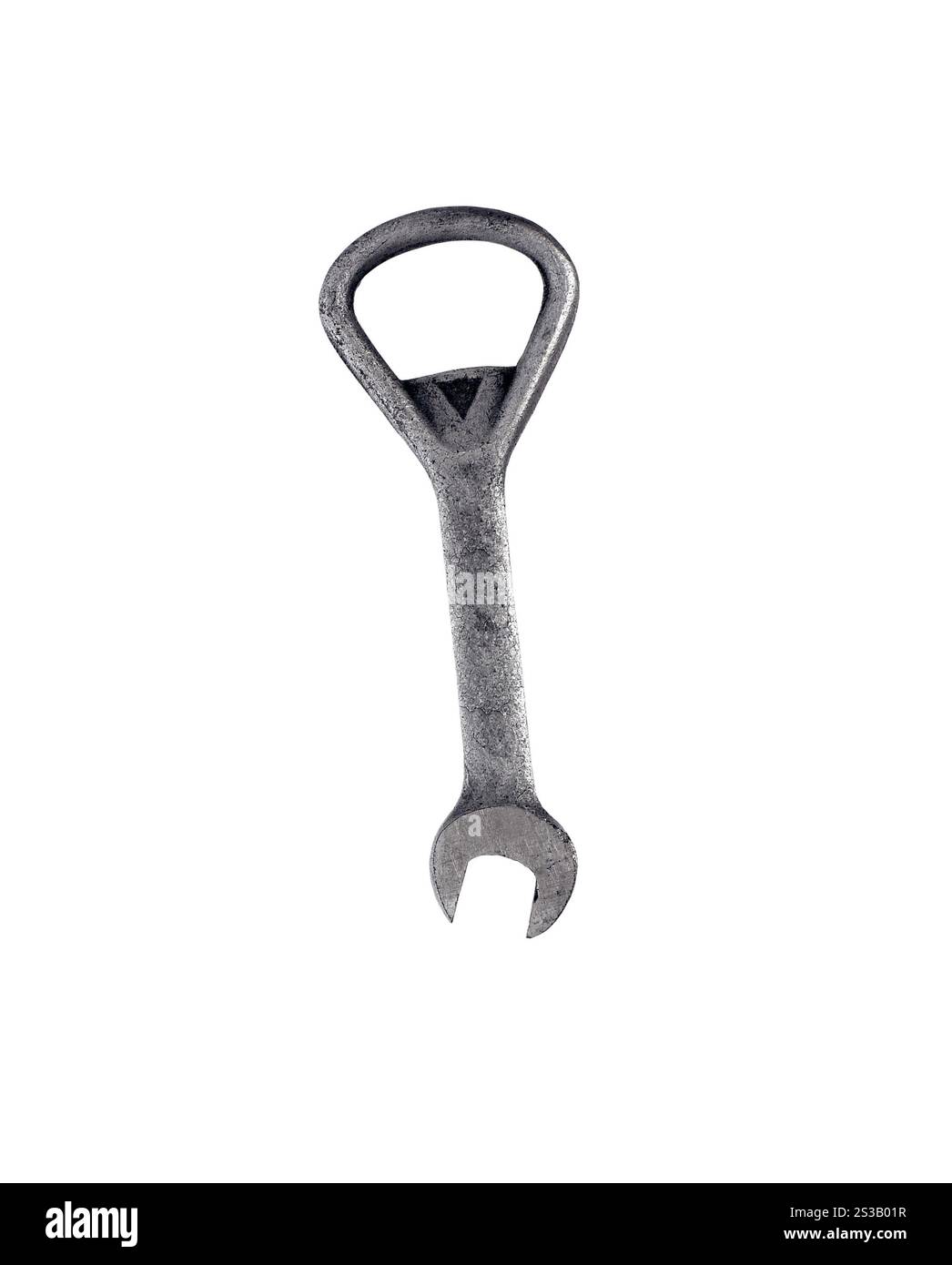 primo piano dell'apribottiglie e del tappo su sfondo bianco. primo piano dell'apribottiglie e del tappo Foto Stock