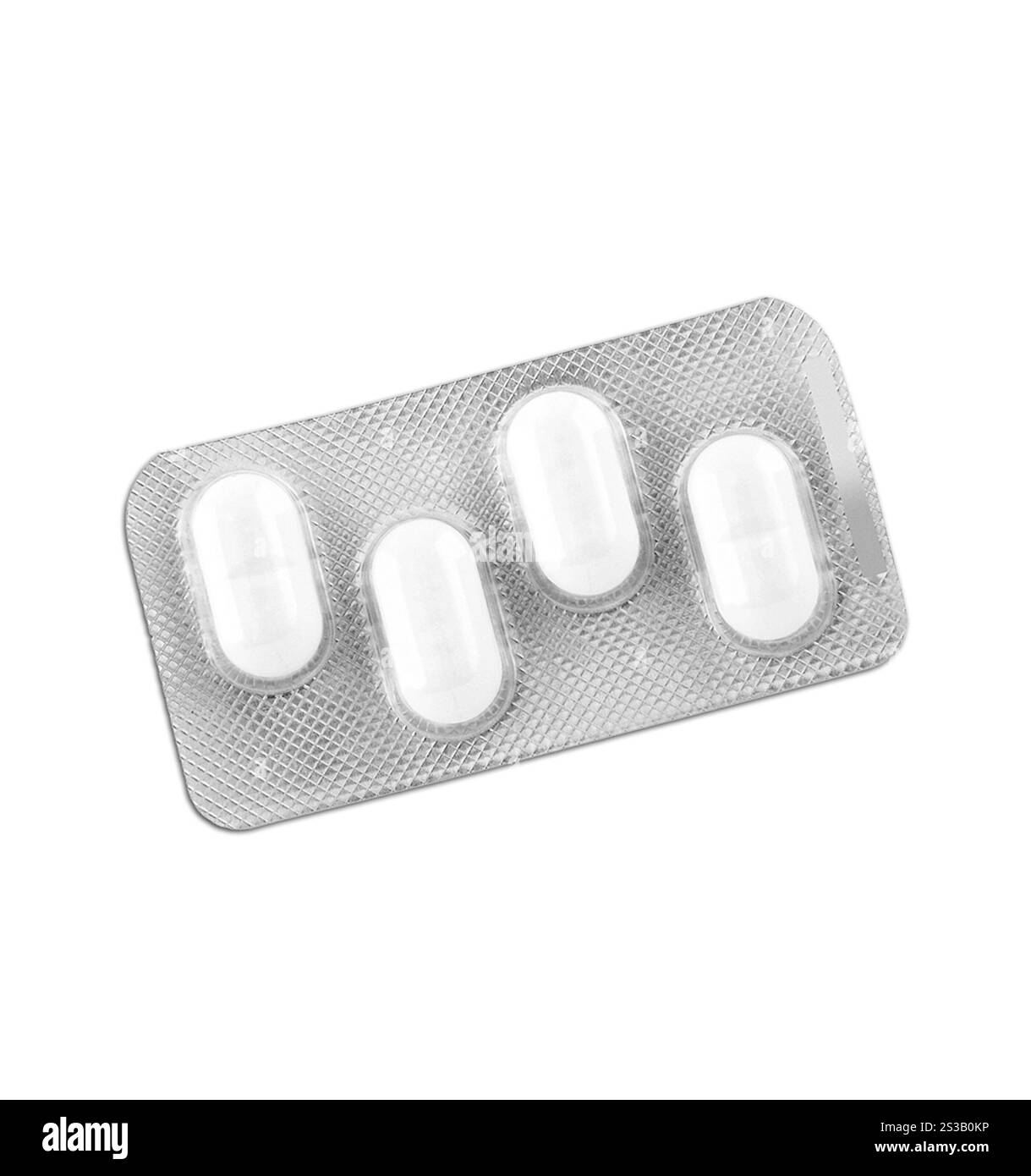 confezione di pillole bianche isolate su sfondo bianco. confezione di pillole medicinali bianche Foto Stock