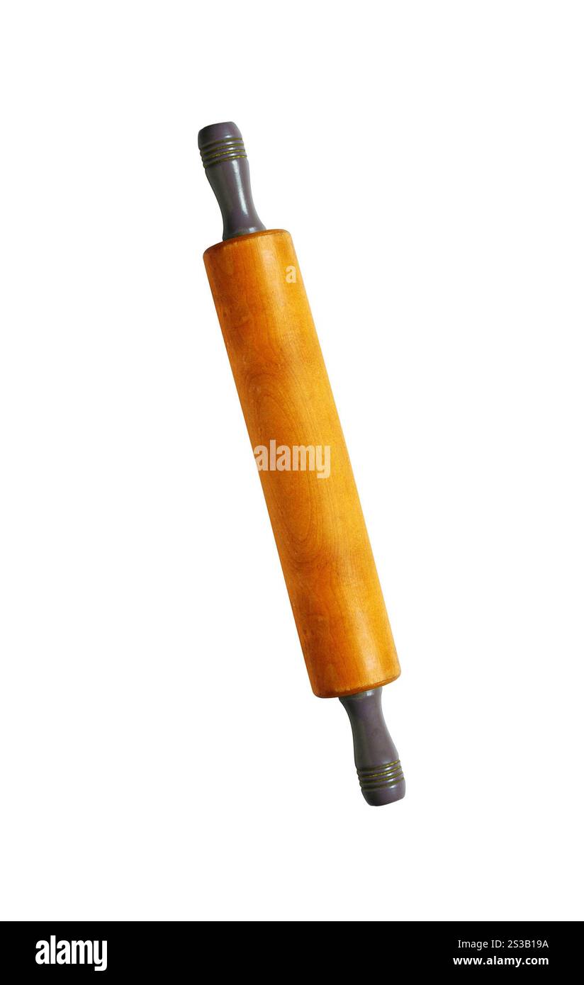 Mattarello in legno vintage isolato su sfondo bianco. Mattarello in legno vintage Foto Stock