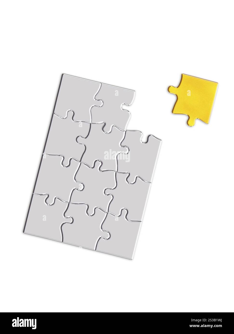 pezzo di puzzle dorato che galleggia sopra l'ultimo spazio aperto di un motivo di puzzle bianco. Puzzle con un pezzo d'oro mancante da completare Foto Stock