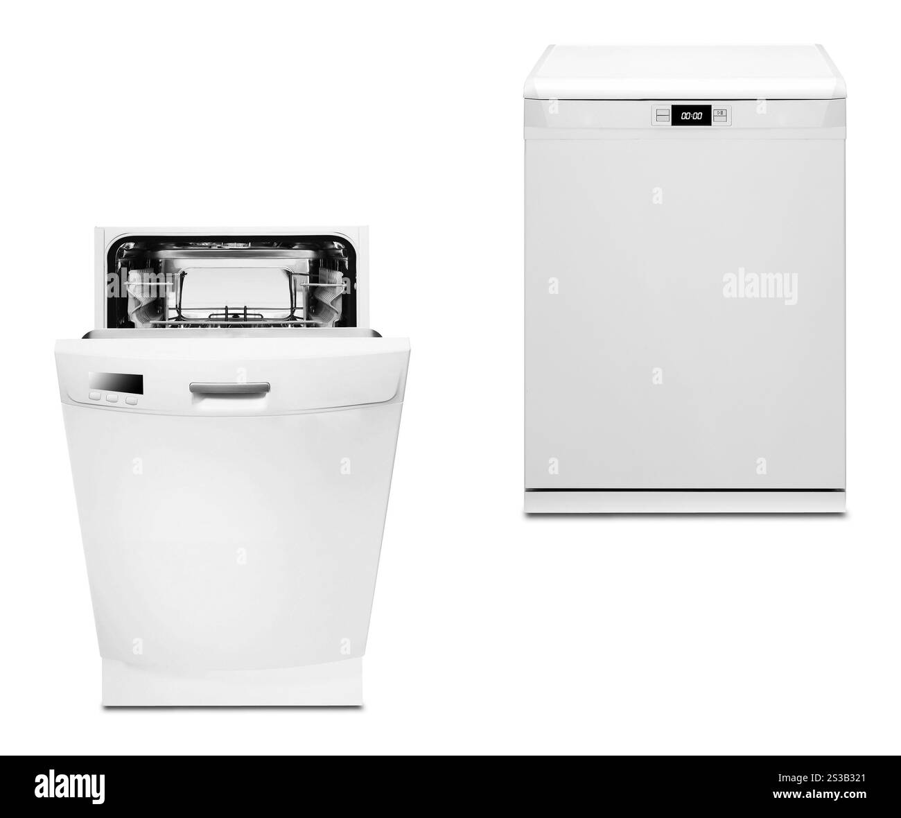 lavastoviglie aperta e chiusa, isolata su sfondo bianco. lavastoviglie aperta e chiusa Foto Stock