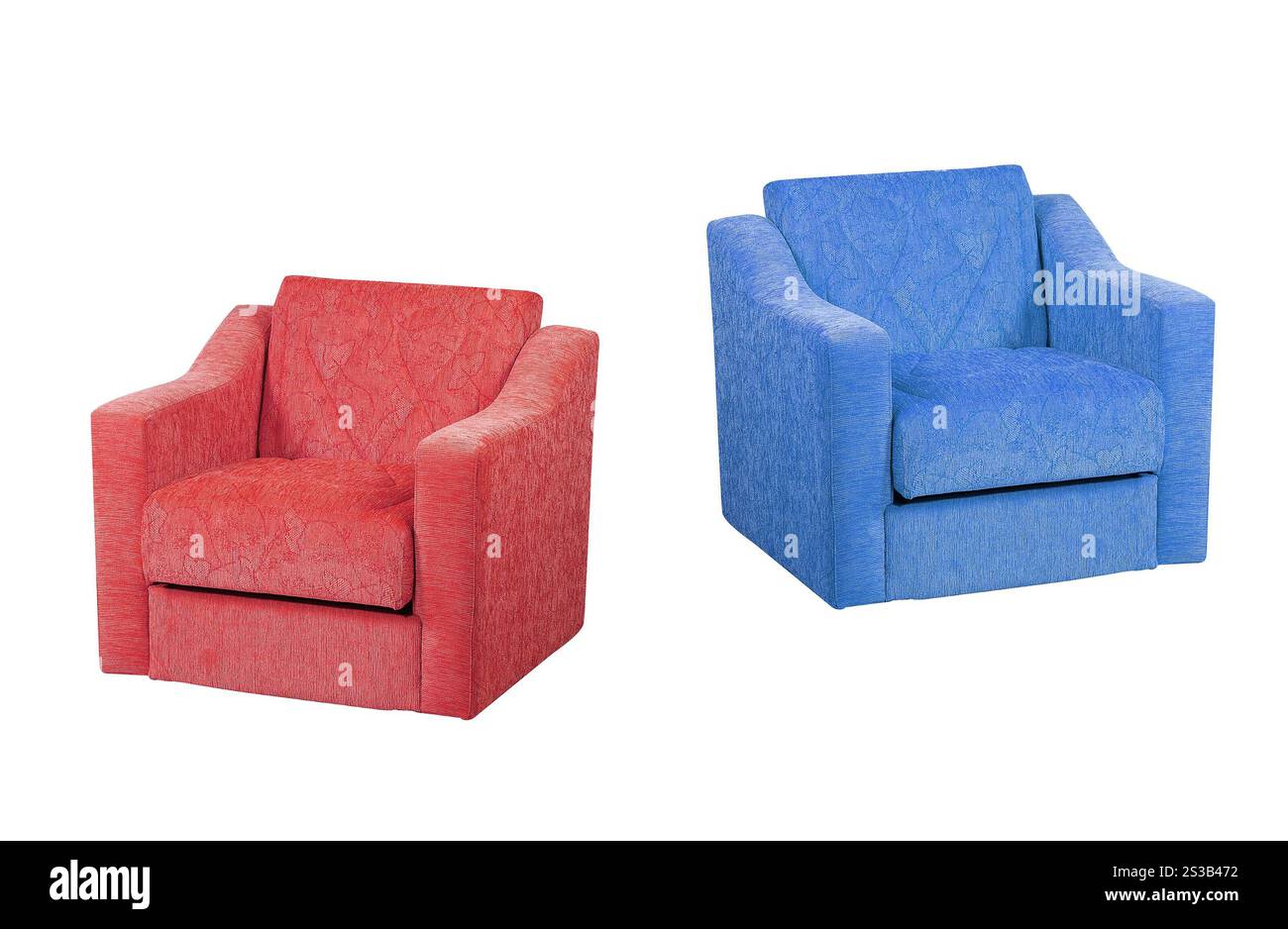 Poltrone Bright Red e Blue. Poltrona di colore rosso brillante Foto Stock