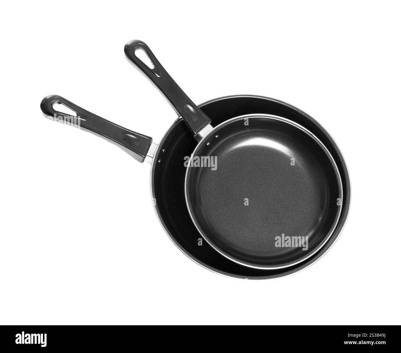 teglie nere isolate su sfondo bianco. padelle nere isolate su bianco Foto Stock