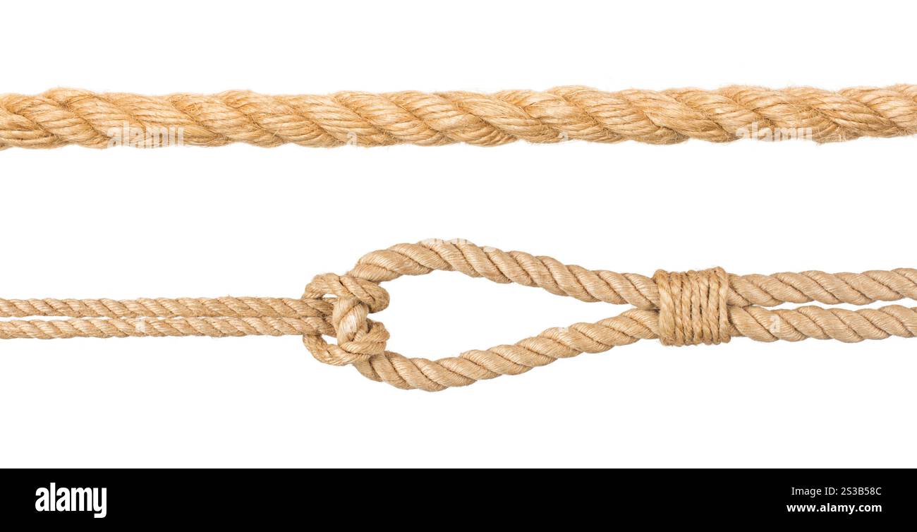 corda con nodo, isolata sul bianco. corda con nodo Foto Stock