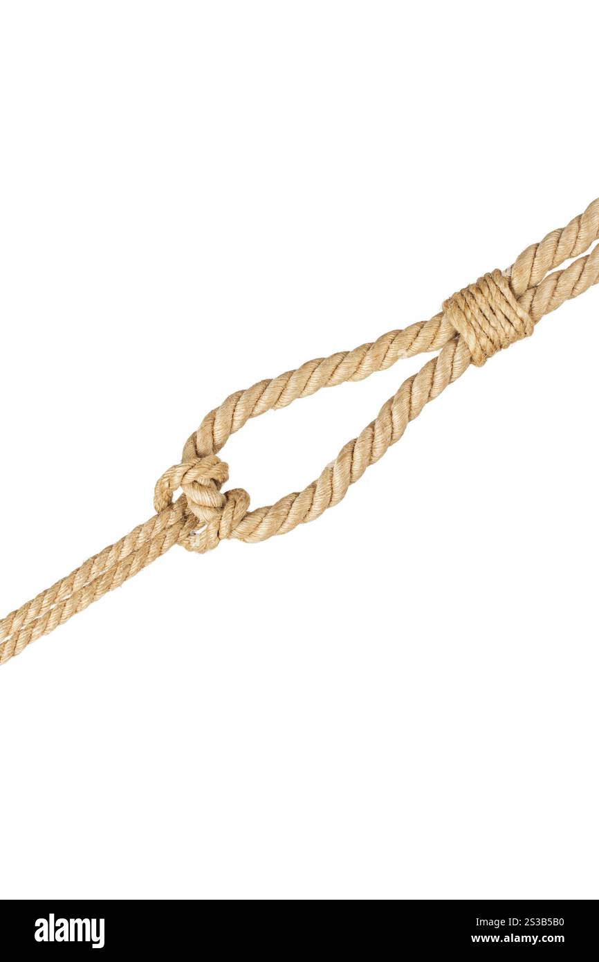 corda con nodo, isolata sul bianco. corda con nodo Foto Stock