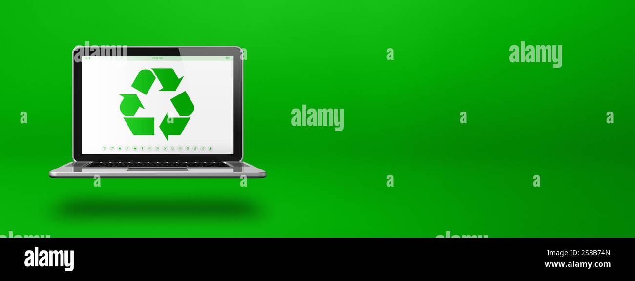 Computer portatile con simbolo di riciclaggio sullo schermo. concetto di conservazione ambientale. Illustrazione 3D isolata su sfondo verde. Orizzontale Foto Stock