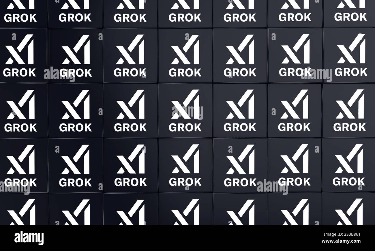 Logo Grok, design Visual Logo 3D - X Corp Azienda tecnologica. Foto Stock