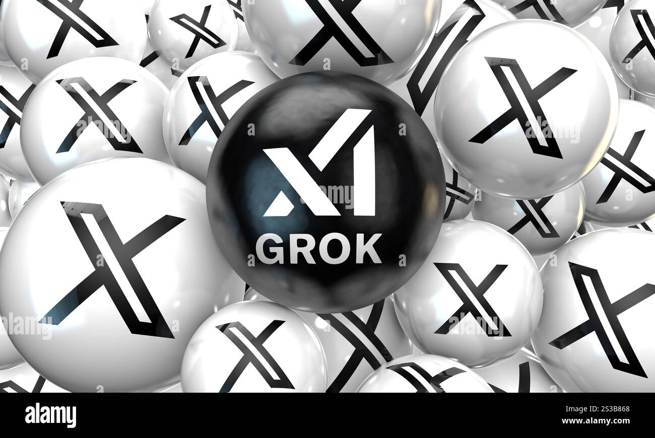 Logo Grok, design Visual Logo 3D - X Corp Azienda tecnologica. Foto Stock