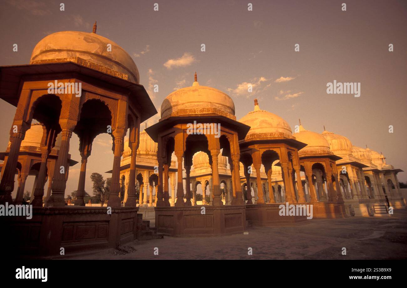 Le rovine del Royal Crematorium devi Kund Sagar vicino a Bikaner nel deserto del Tar nella provincia del Rajasthan in India. India, Jaisalmer, gennaio 1998. Foto Stock