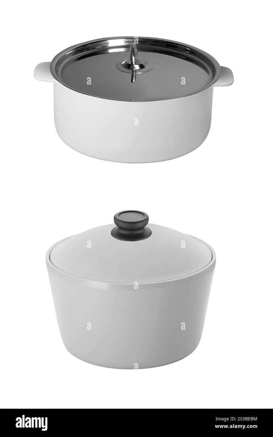 grandi pentole in acciaio inox isolate Foto Stock