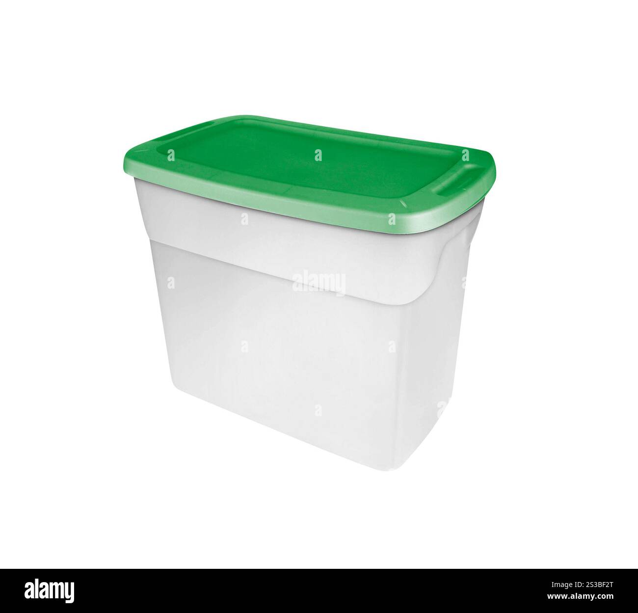 Svuotare il cibo nel contenitore di plastica con coperchio verde isolato su bianco Foto Stock