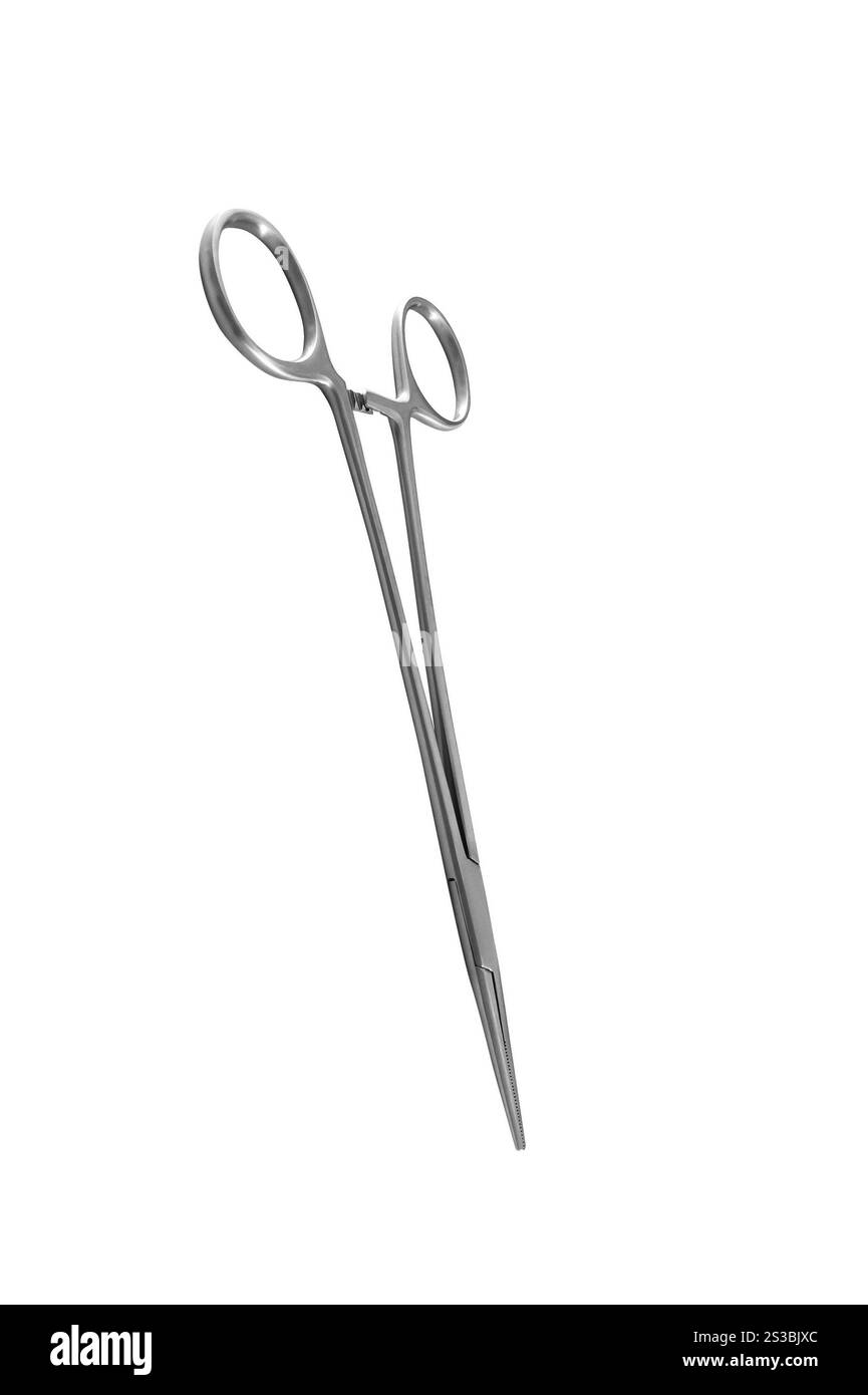morsetto medico chirurgico argento dorato su sfondo bianco. morsetto medico chirurgico dorato su sfondo bianco Foto Stock