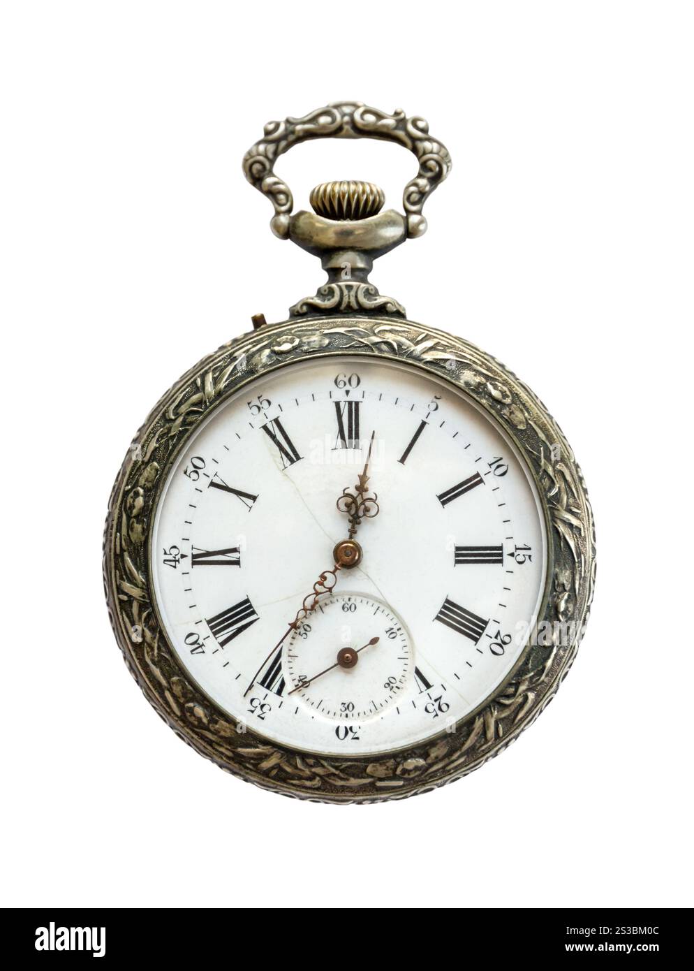 Orologio tascabile vintage isolato su sfondo bianco. Concetto di direzione e orientamento. Orologio da tasca isolato su sfondo bianco Foto Stock