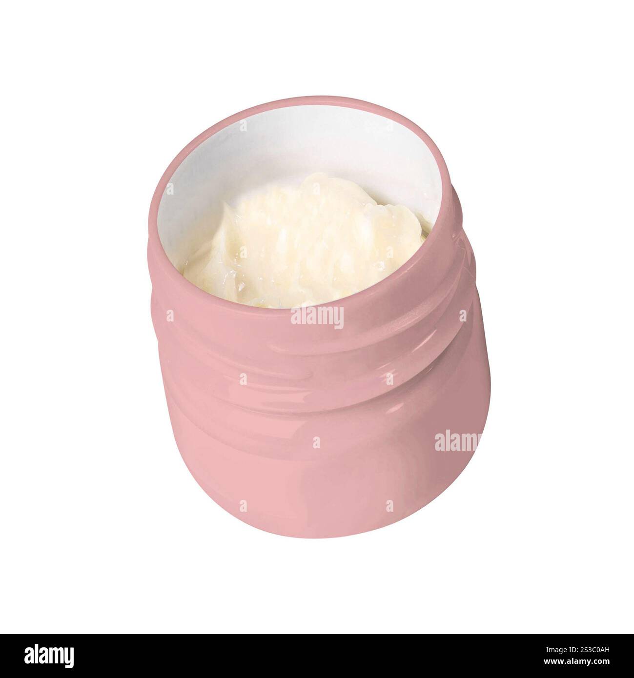 Contenitore di plastica aperto con crema su sfondo bianco. Contenitore di plastica aperto con crema Foto Stock