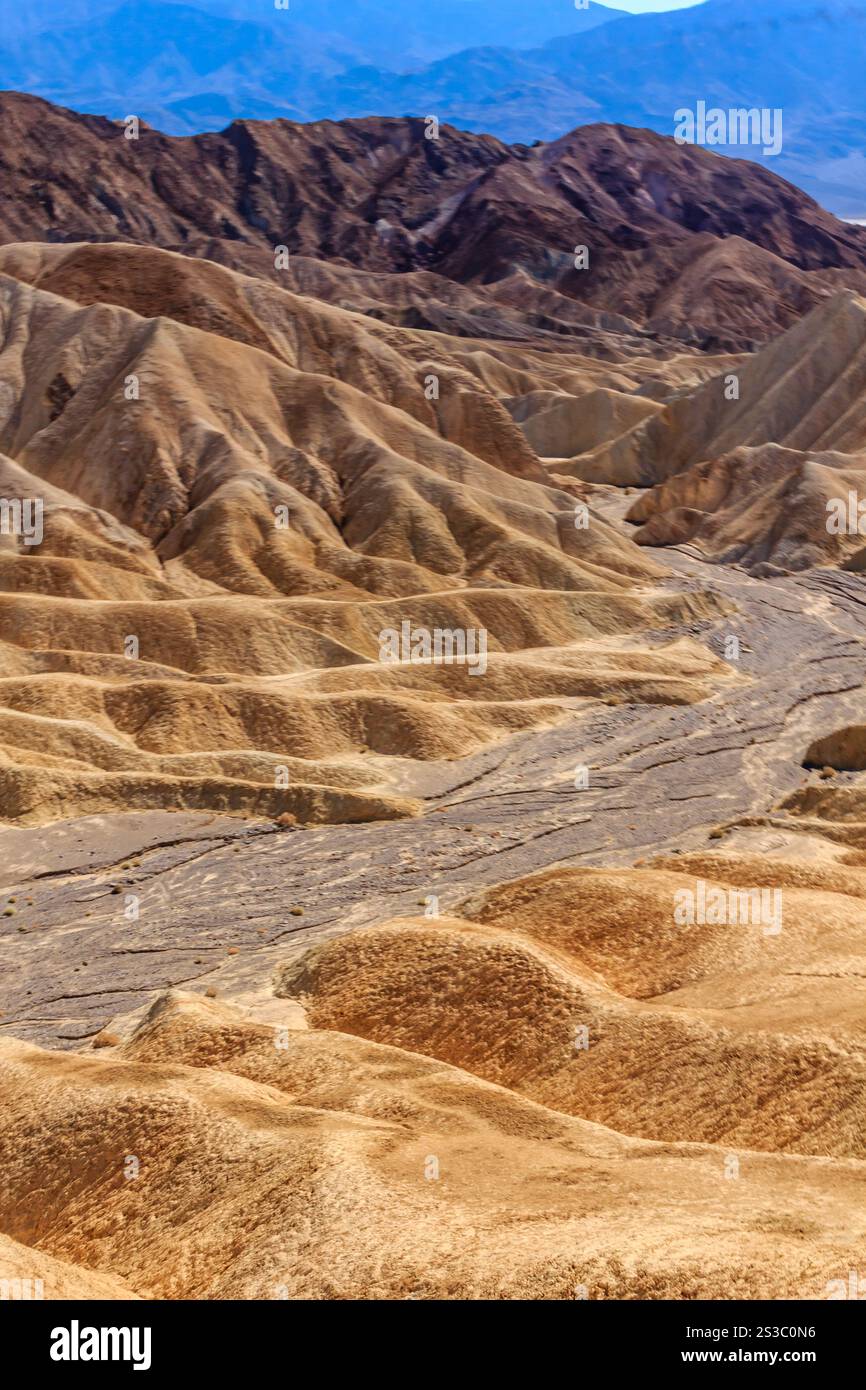 Un paesaggio desertico con un fiume che lo attraversa. Il deserto è arido e arido, senza vegetazione in vista. Il fiume è piccolo e tortuoso, e lo è Foto Stock