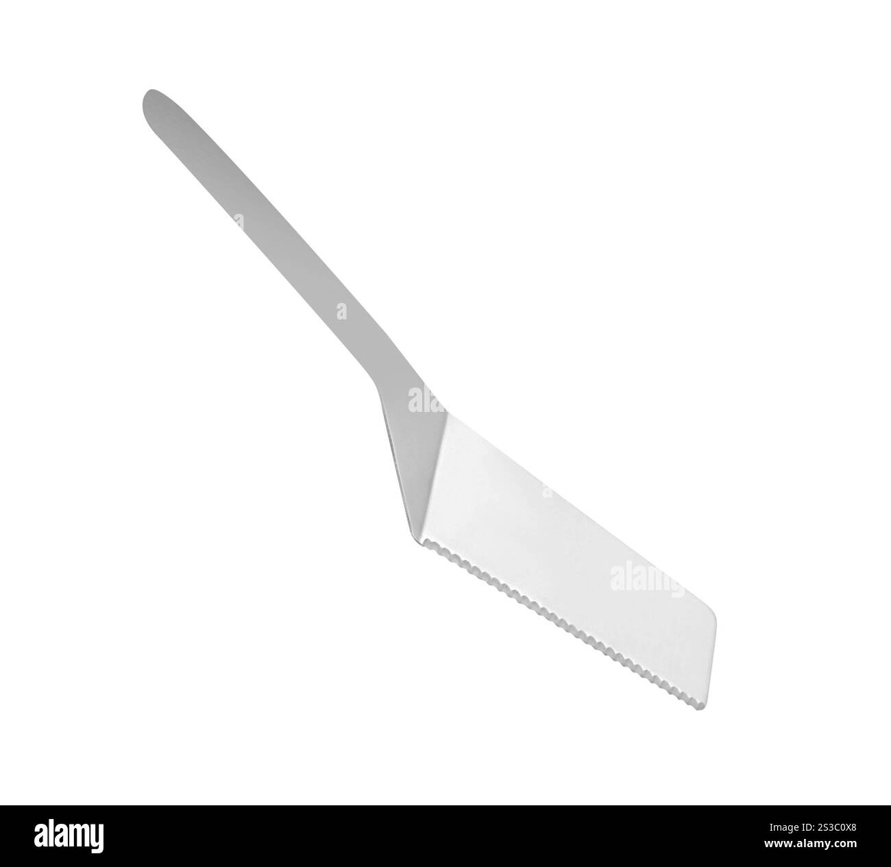 Taglierina per dolci in acciaio inox isolata su sfondo bianco. Taglierina per torte in acciaio inox Foto Stock