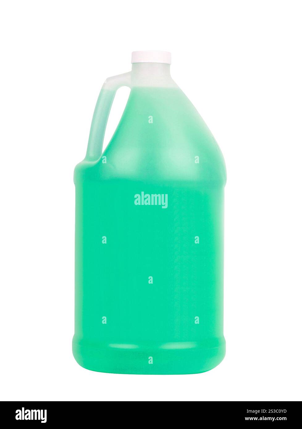 Flacone in plastica verde per detersivo liquido isolato su sfondo bianco. Flacone in plastica blu per detersivo liquido isolato su bianco Foto Stock