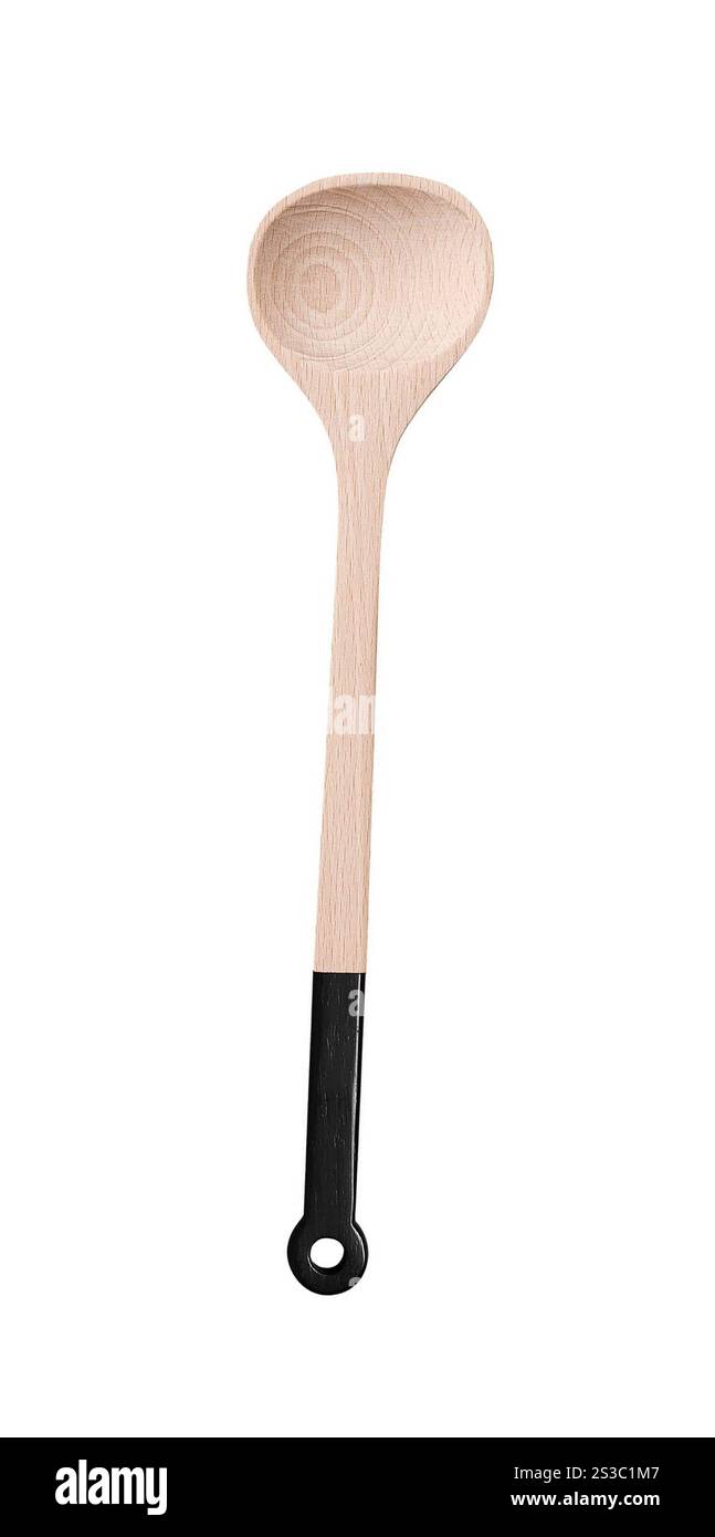 Cucchiaio di legno su sfondo bianco Foto Stock