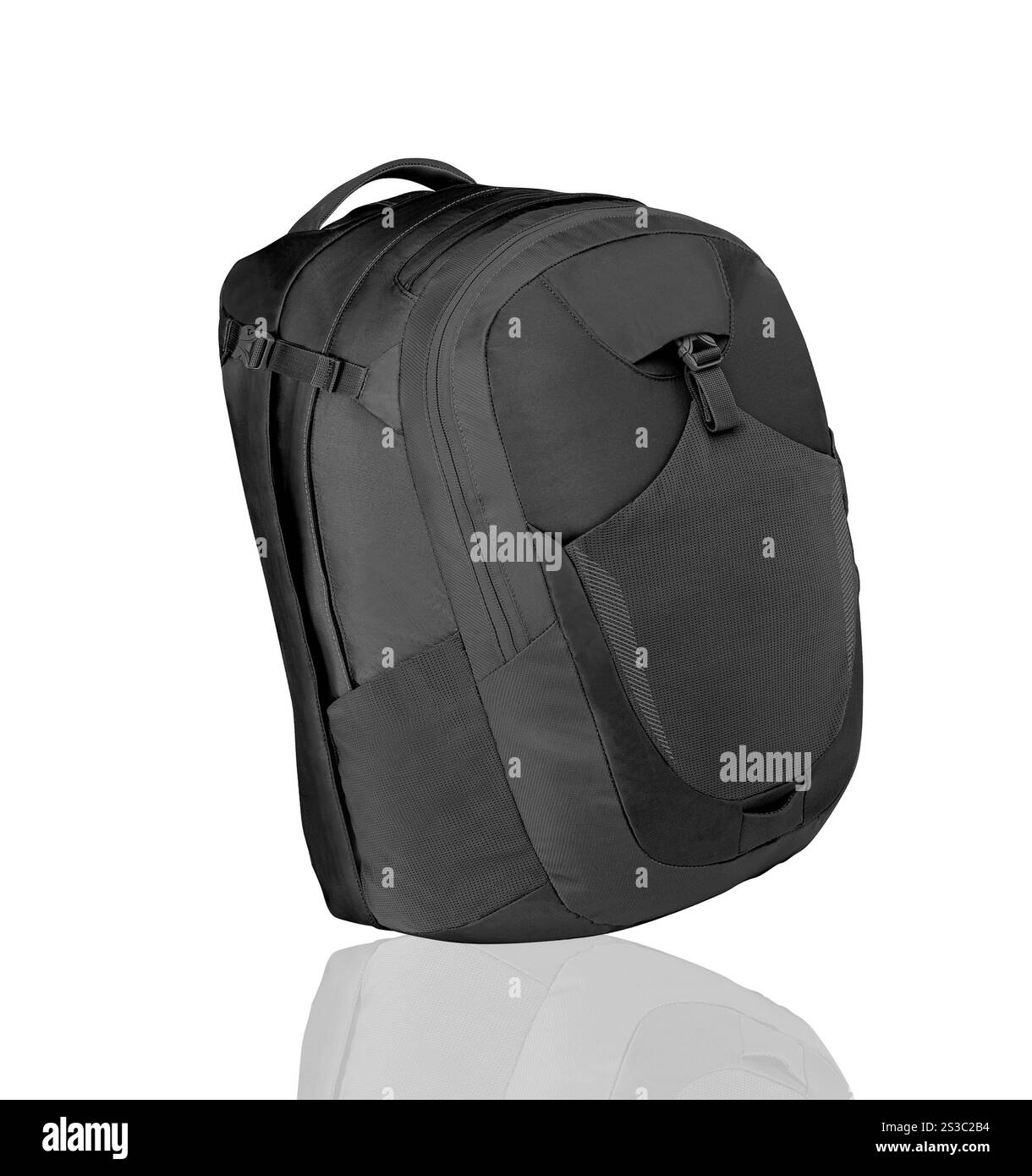 Zaino nero isolato in uno sfondo bianco Foto Stock