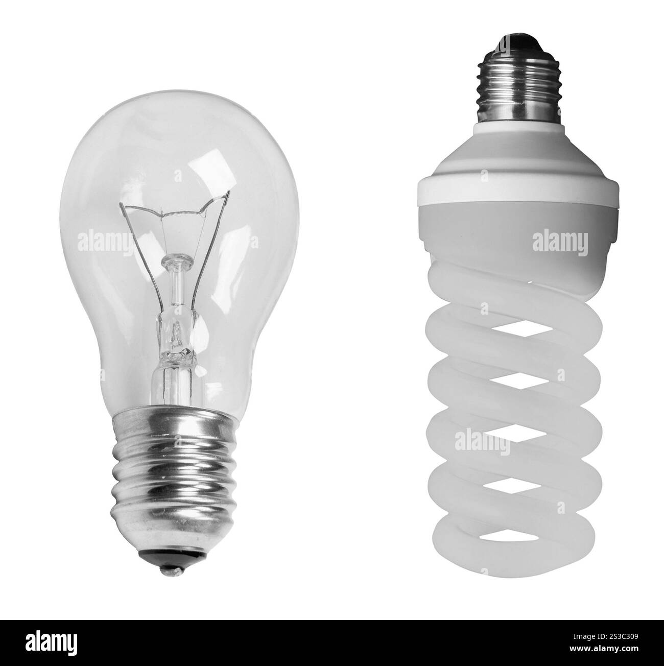 Lampadine vecchie e moderne isolate su sfondo bianco. Lampadina isolata su sfondo bianco Foto Stock