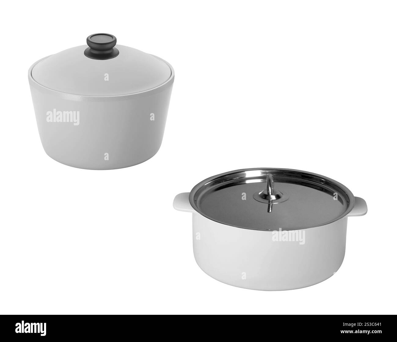 grandi pentole in acciaio inox isolate Foto Stock