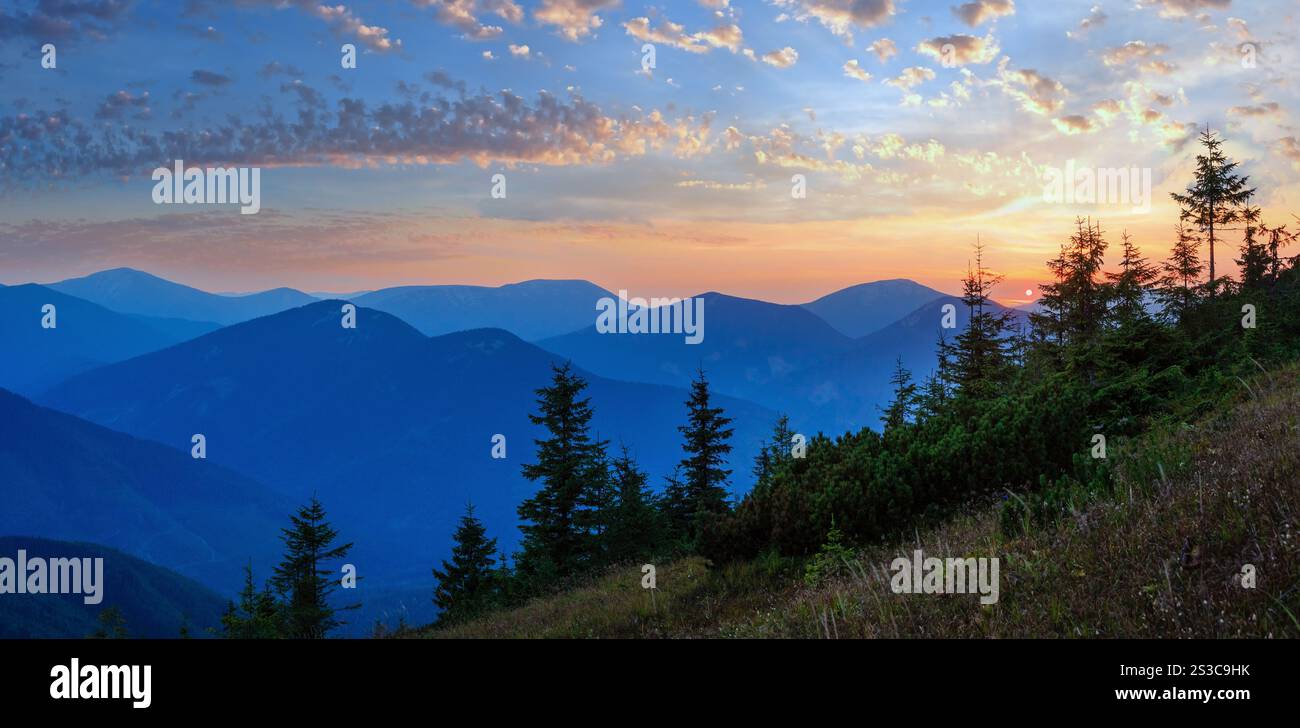 Profilo di montagna sul cielo della sera (con le nuvole) sfondo. Estate tramonto crepuscolo fine (Carpazi, Ucraina). Foto Stock