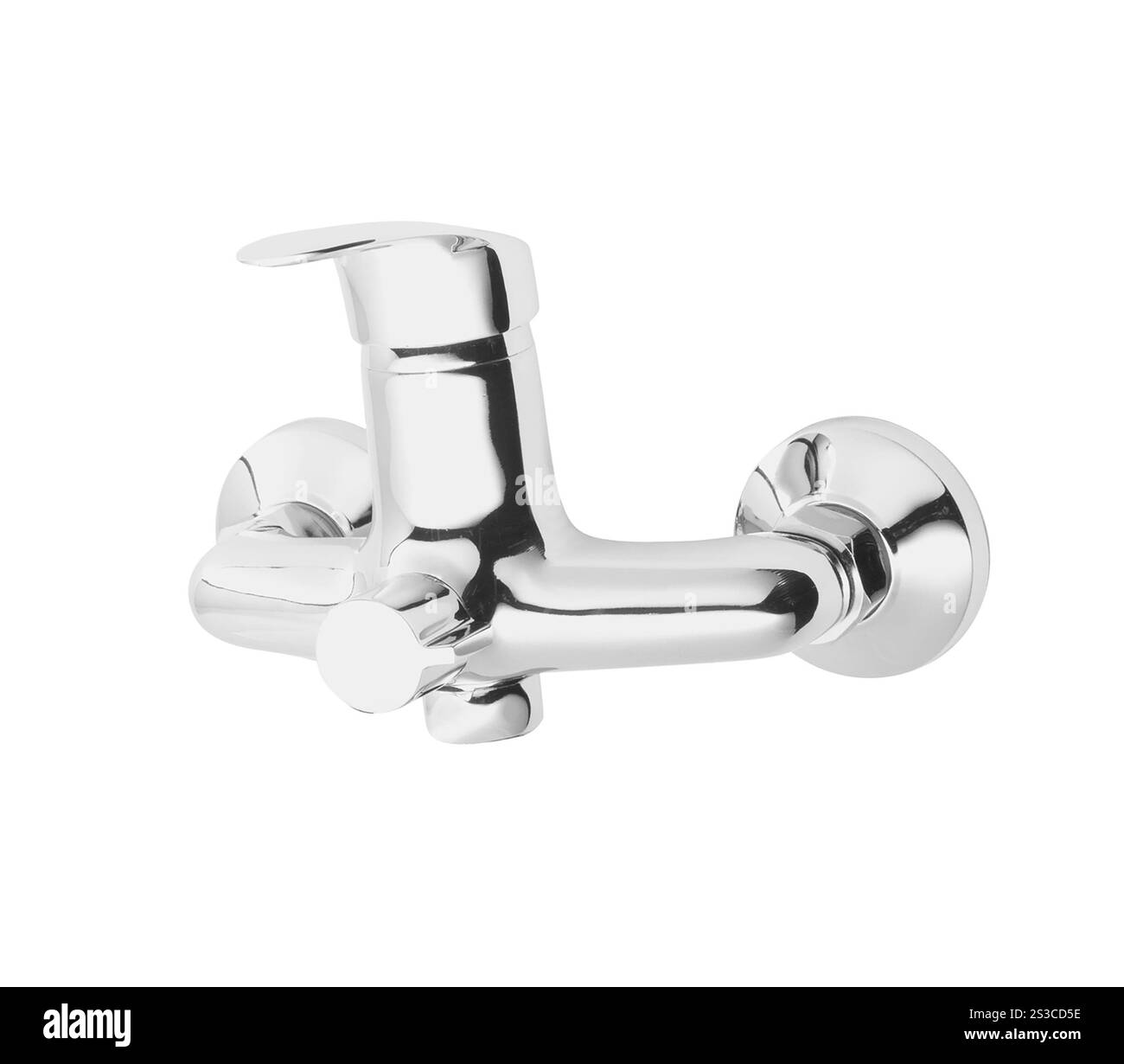 Miscelatore cromato su sfondo bianco. Miscelatore cromato rubinetto bianco Foto Stock