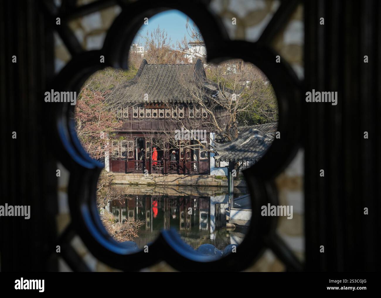 Suzhou, la provincia cinese di Jiangsu. 9 gennaio 2025. Un turista visita l'Humble Administrator's Garden a Suzhou, nella provincia di Jiangsu, nella Cina orientale, 9 gennaio 2025. L'umile Giardino dell'Amministratore è stato iscritto nella lista dei patrimoni culturali dell'umanità dall'UNESCO nel 1997. Crediti: Li Bo/Xinhua/Alamy Live News Foto Stock
