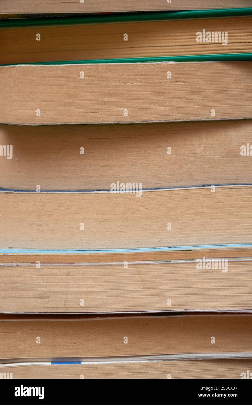 Vista frontale ravvicinata dei libri impilati e delle relative pagine Foto Stock