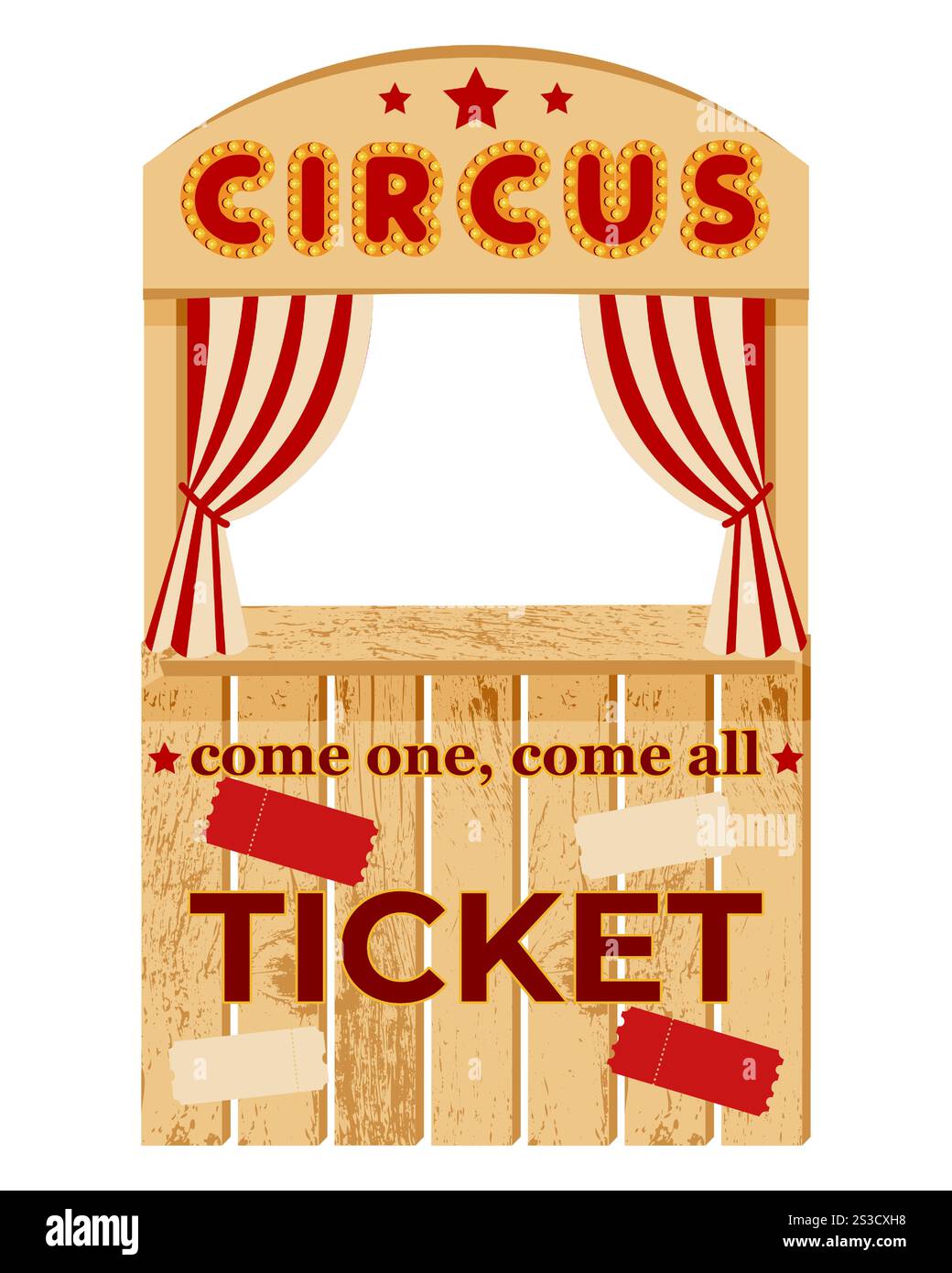Biglietteria vintage in legno per circo con tende a righe rosse e luci tendone su sfondo bianco. Design a tema carnevale con testo decorativo e. Illustrazione Vettoriale