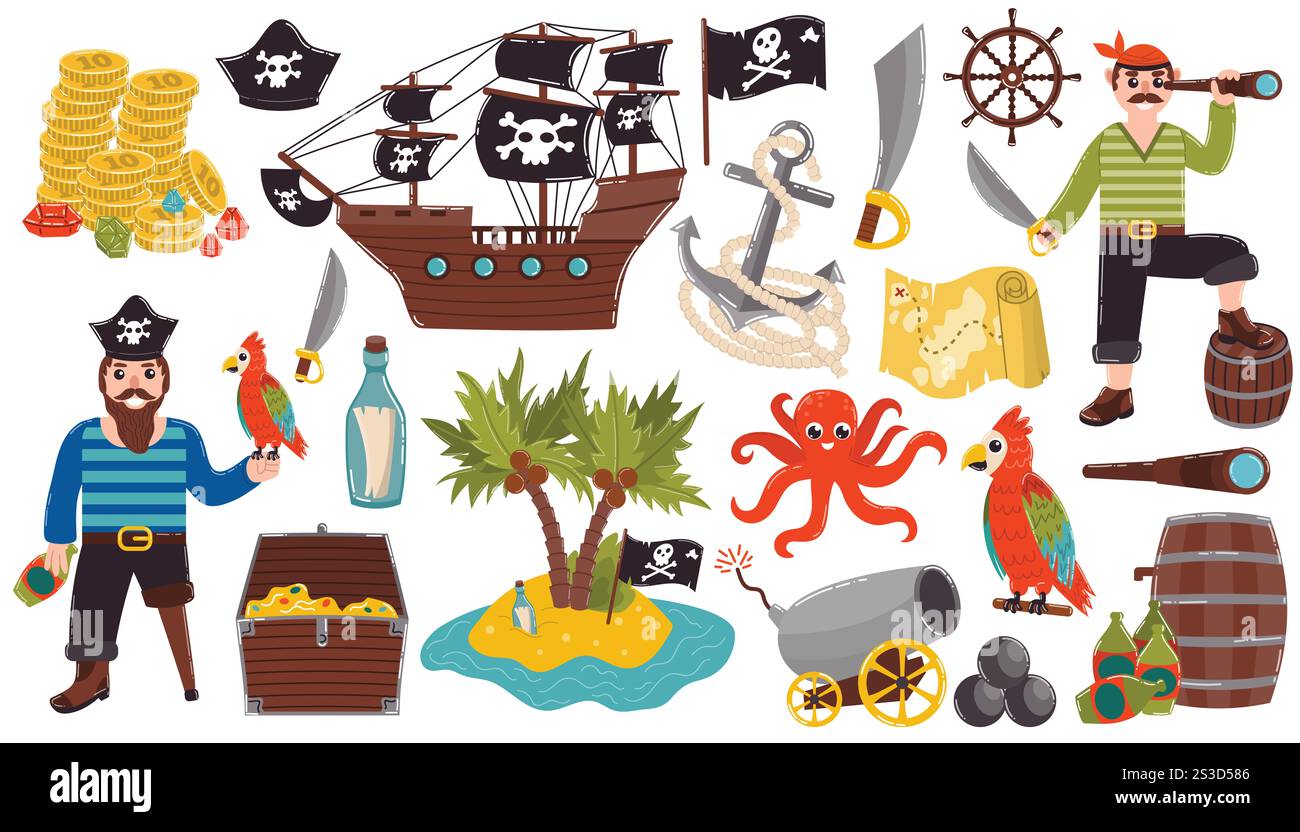 Set di elementi di design cartoon pirata in stile piatto. Pirati e navi, ancora e ruota della nave, mappa del tesoro e pappagallo di Macaw. Foto Stock
