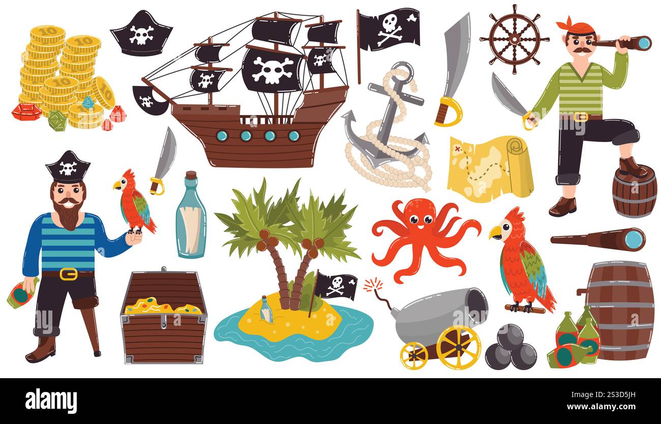Set di elementi di design cartoon pirata in stile piatto. Pirati e navi, ancora e ruota della nave, mappa del tesoro e pappagallo di Macaw. Illustrazione Vettoriale
