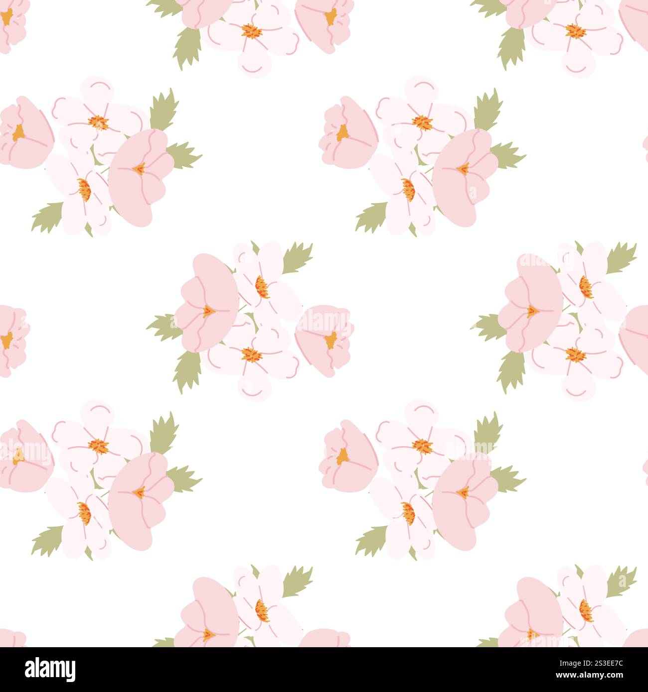 Motivo senza cuciture di delicati fiori rosa con foglie verdi su sfondo bianco. Illustrazione Vettoriale