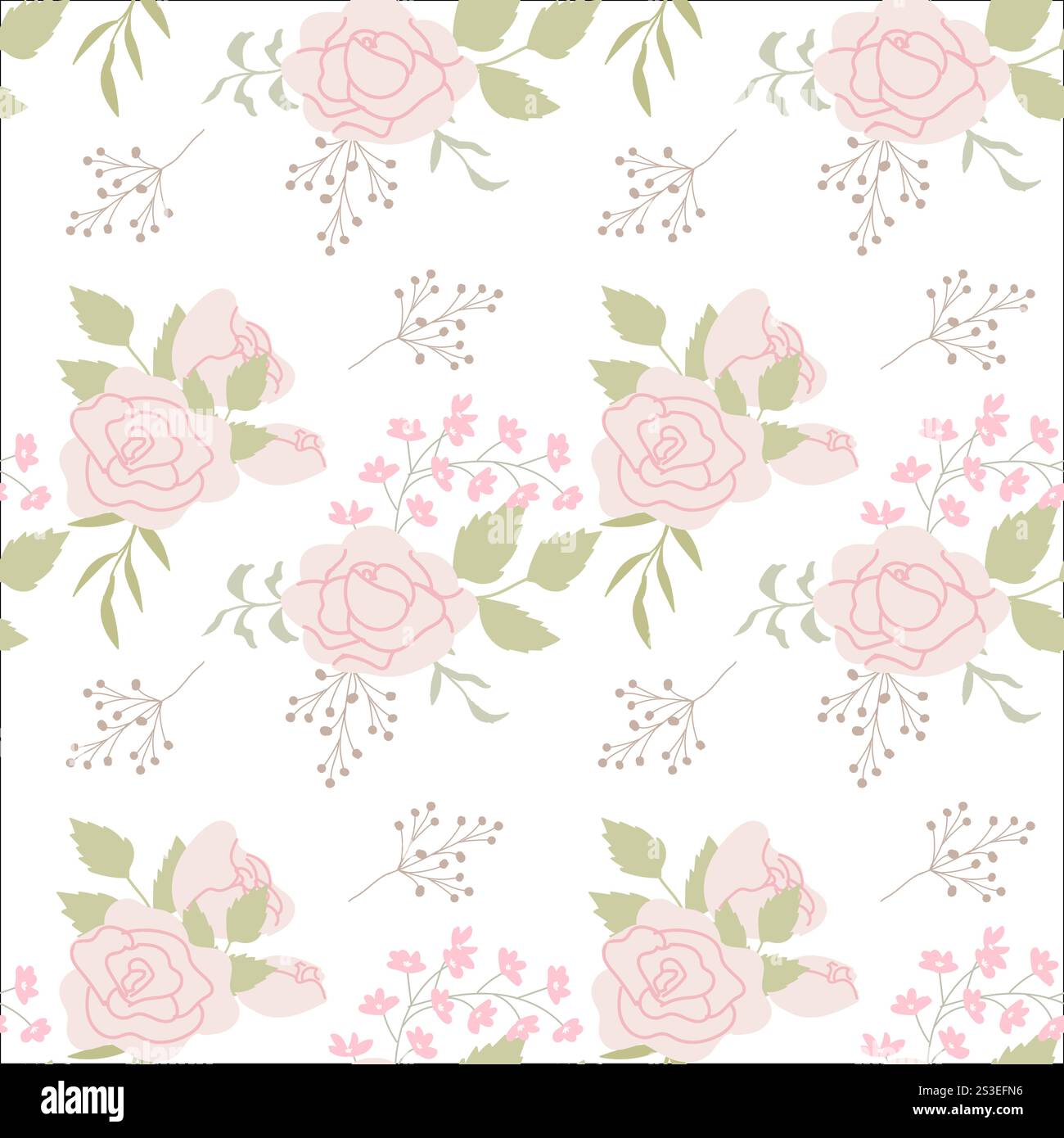 Motivo floreale con rose rosa e foglie verdi su sfondo bianco. Illustrazione Vettoriale