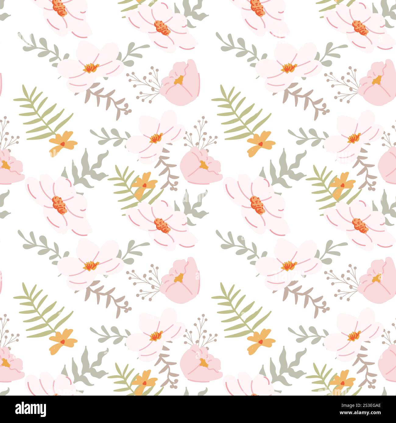 Motivo floreale senza cuciture con fiori rosa e foglie verdi su sfondo bianco. Illustrazione Vettoriale