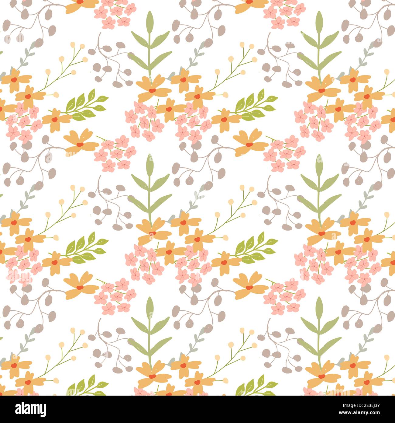 Motivo floreale pastello senza cuciture con delicati fiori rosa e arancio su sfondo bianco. Illustrazione Vettoriale