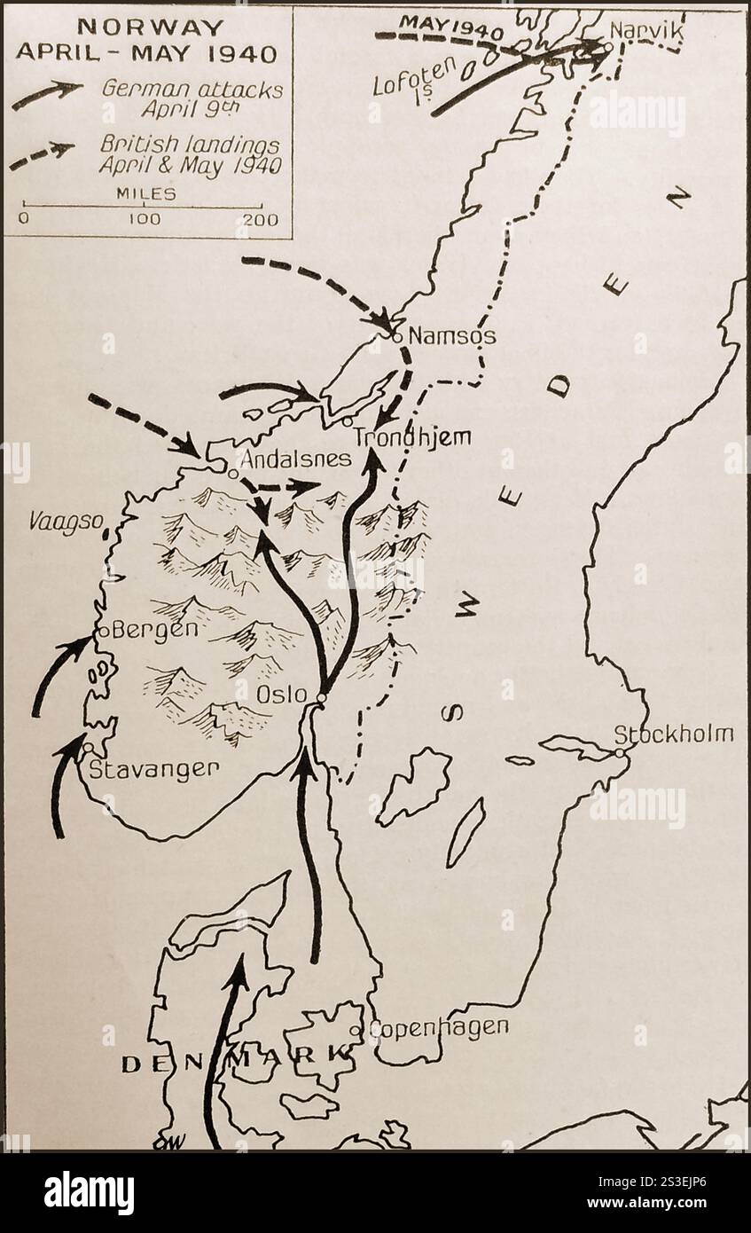 Una mappa della Norvegia in tempo di guerra come era nell'aprile-maggio 1940 che mostrava i movimenti britannici e tedeschi. - Et krigstidskart su Norge slik det var i april-mai 1940 som viser britiske og tyske bevegelser. - Eine Kriegskarte von Norwegen im April-mai 1940, die die britischen und deutschen Bewegungen zeigt. - Foto Stock
