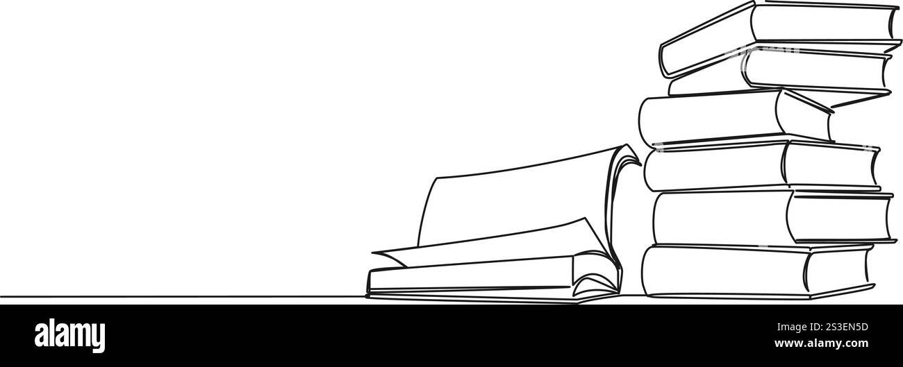disegno continuo a riga singola di libri impilati, librerie o illustrazioni vettoriali di concept art Illustrazione Vettoriale