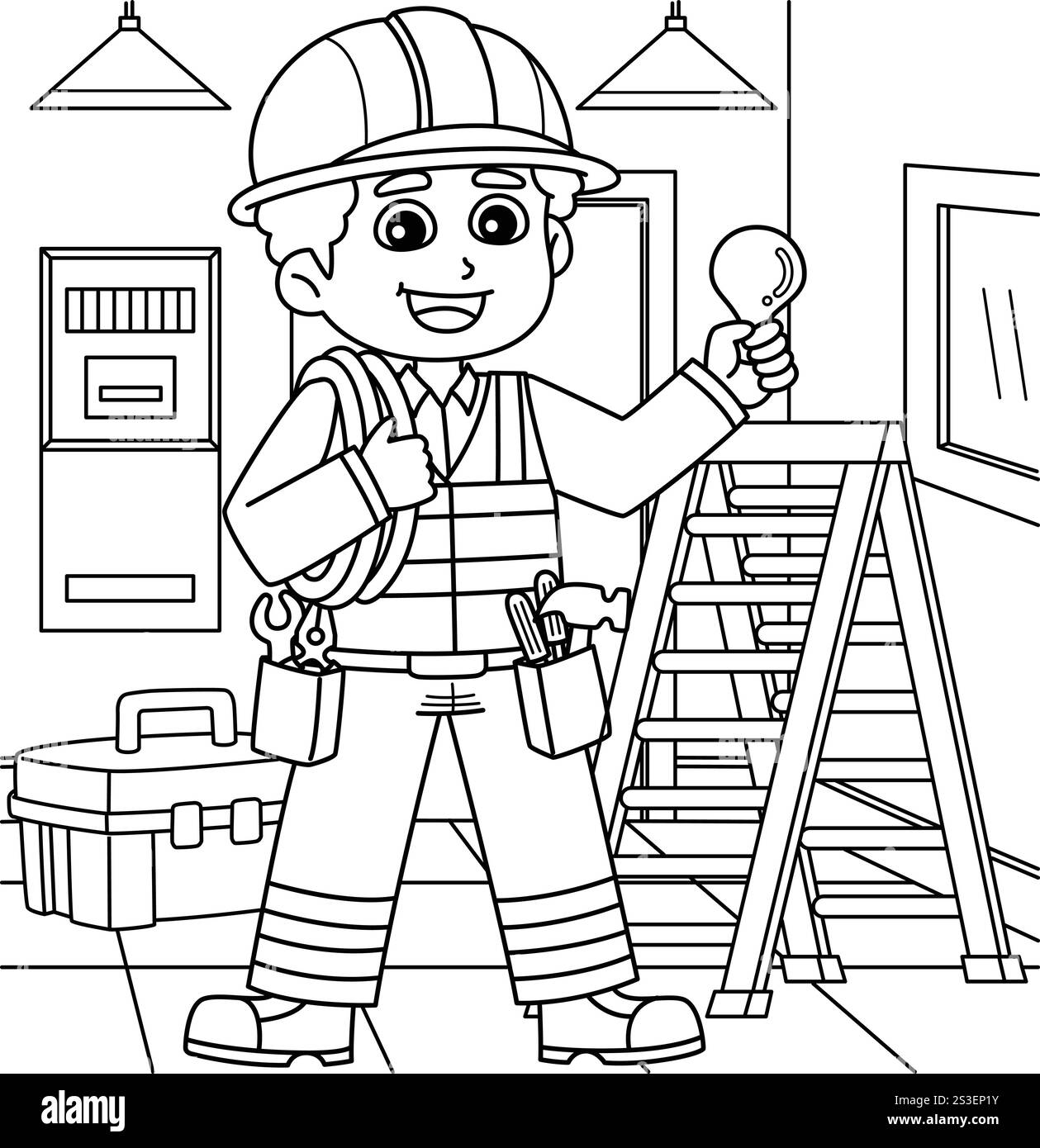 Pagina da colorare per elettricisti operai edili Illustrazione Vettoriale