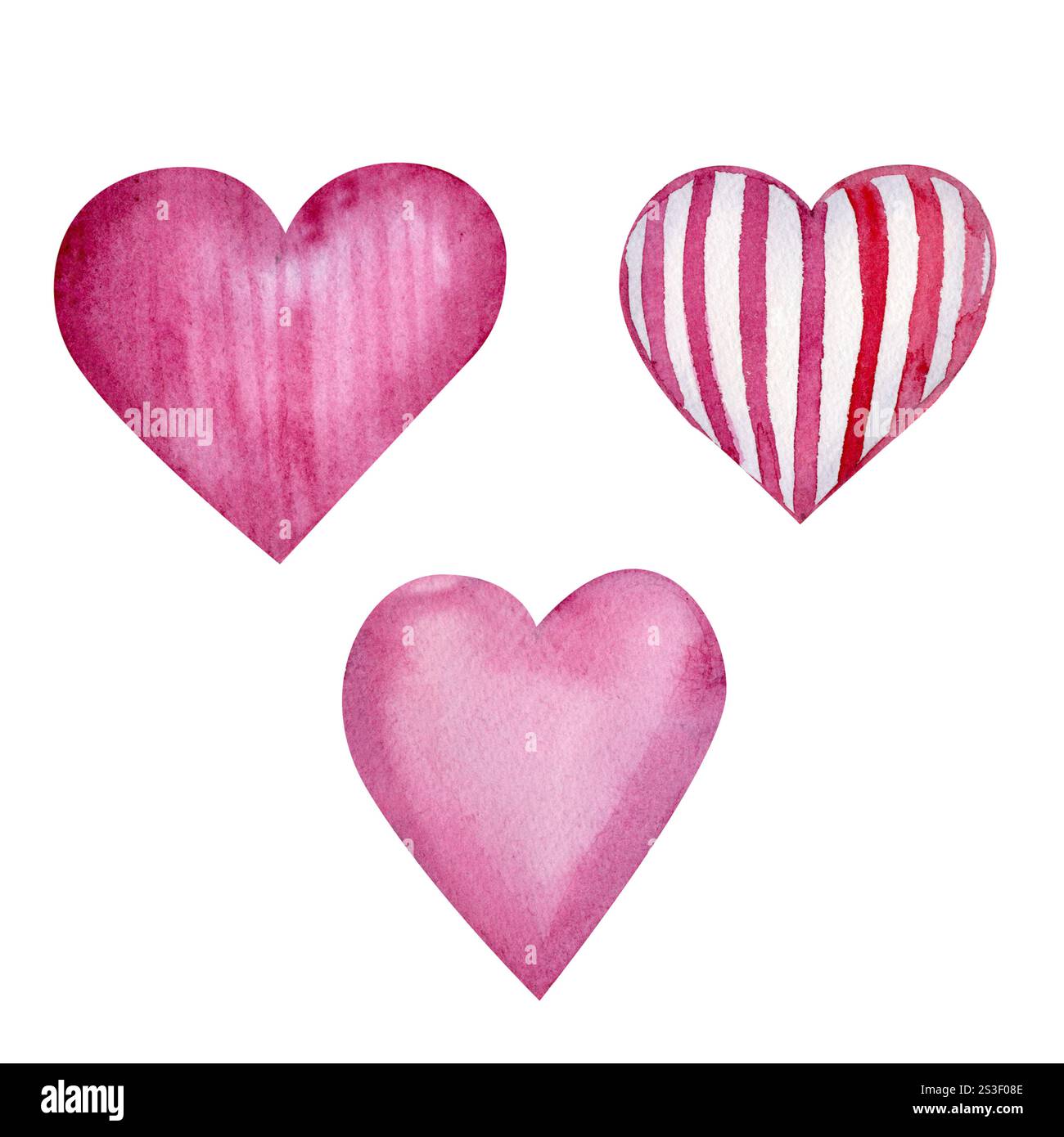 Set di cuori di design diversi: Solido, testurizzato e a righe rosse e bianche. La tecnica dell'acquerello enfatizza la morbidezza e l'atmosfera romantica. Per Foto Stock