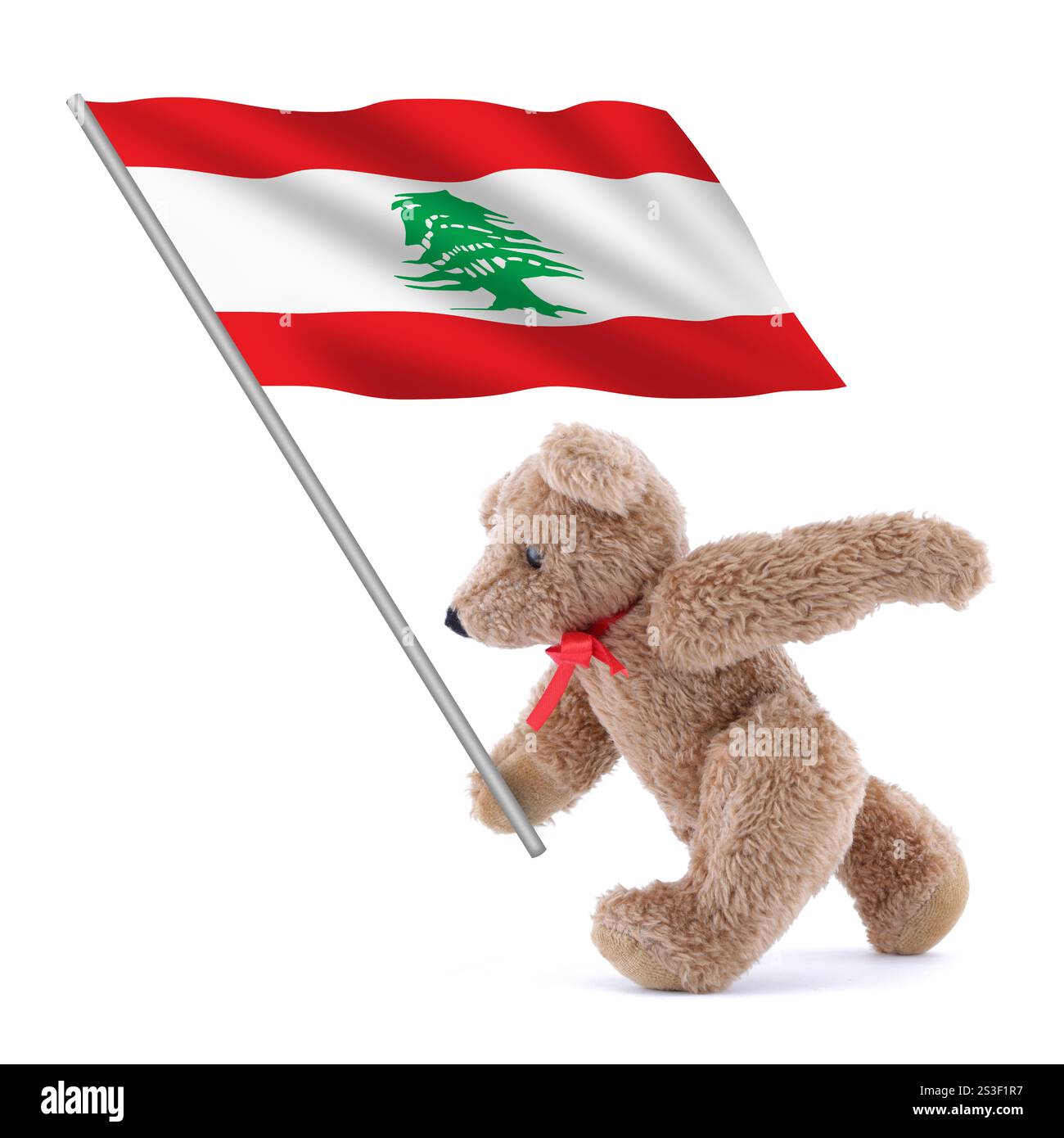 La bandiera del Libano è trasportata da un simpatico orsacchiotto Foto Stock