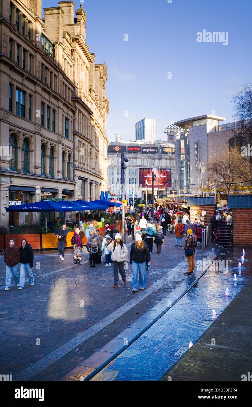 Il mercatino di Natale banchina presso Hanging Ditch nel centro di Manchester Foto Stock