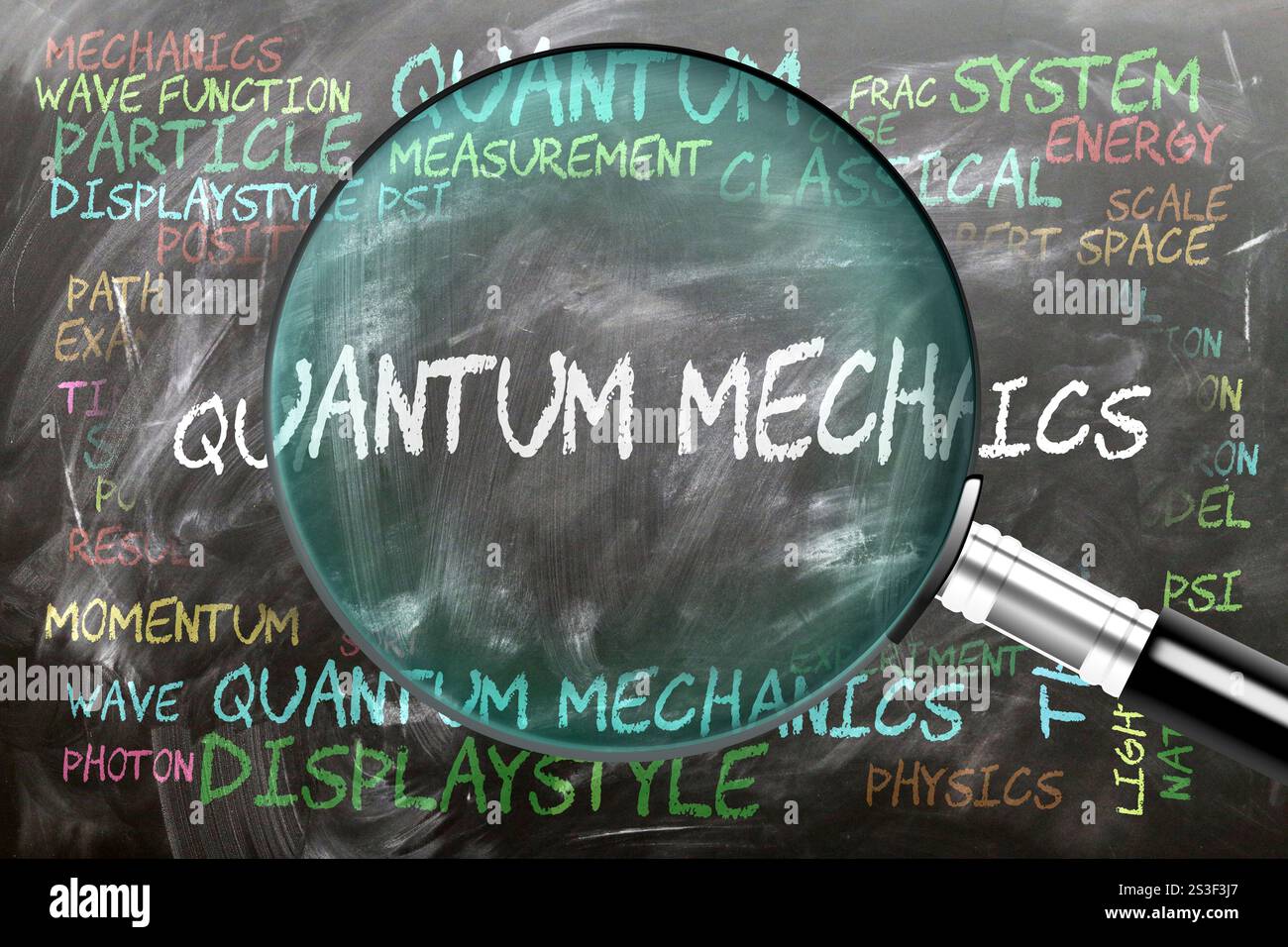 La meccanica quantistica viene studiata, esaminata - sotto stretta ispezione. Argomenti e idee più importanti strettamente correlati alla meccanica quantistica. Foto Stock