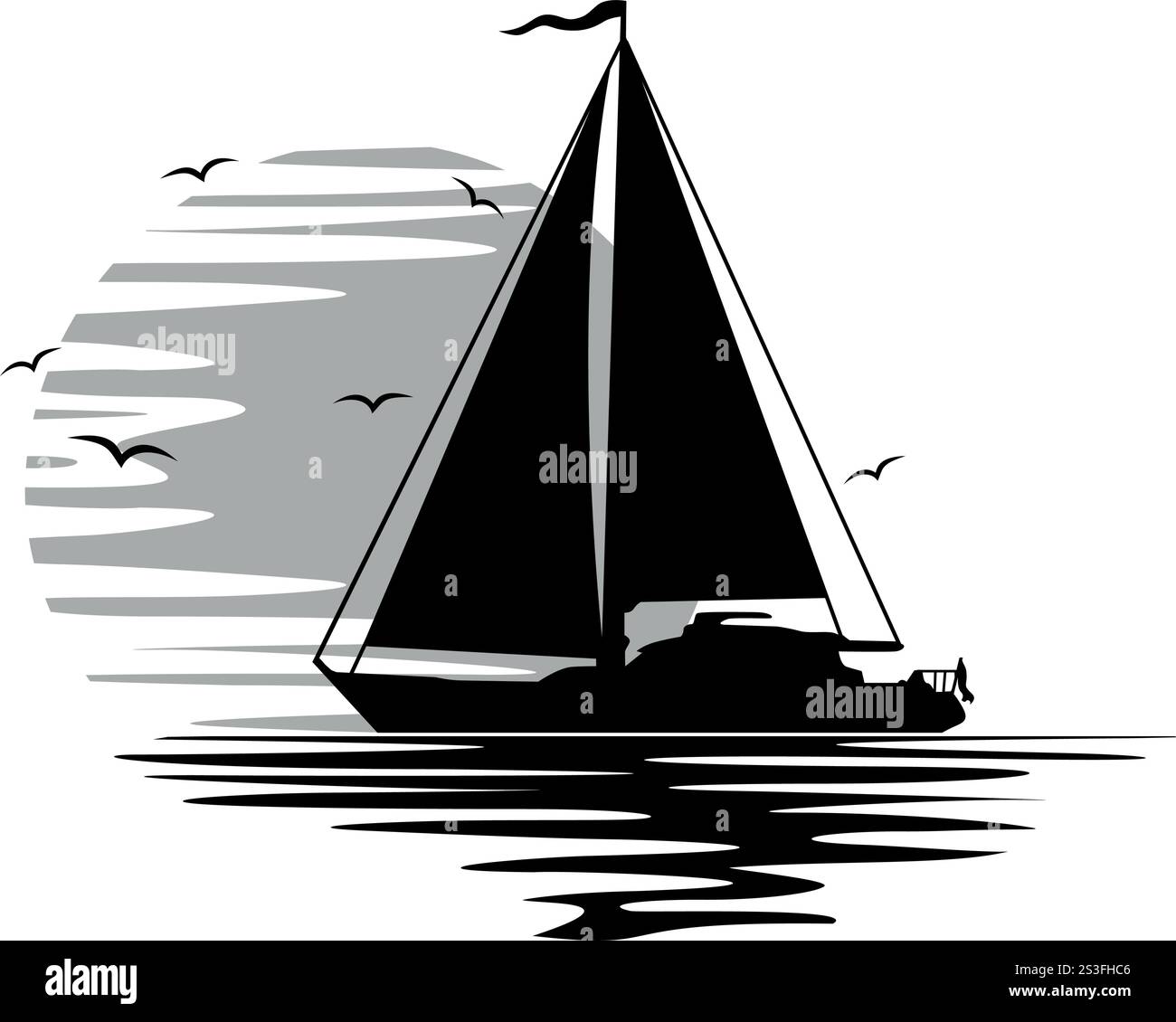 Yacht a vela nel mare con onde circondate da gabbiani sullo sfondo del tramonto. Modello logo vettoriale su sfondo trasparente Illustrazione Vettoriale