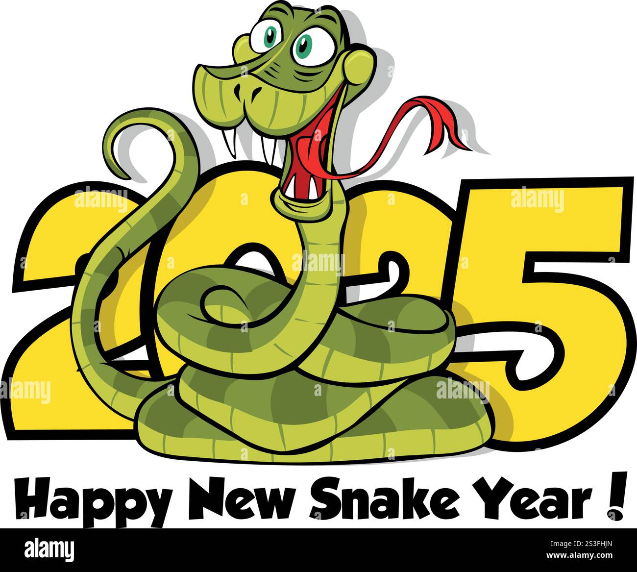 2025 design del logo Snake. Capodanno cinese 2025. Divertente serpente cartoni animati verde in stile comico . Vettore su sfondo trasparente Illustrazione Vettoriale
