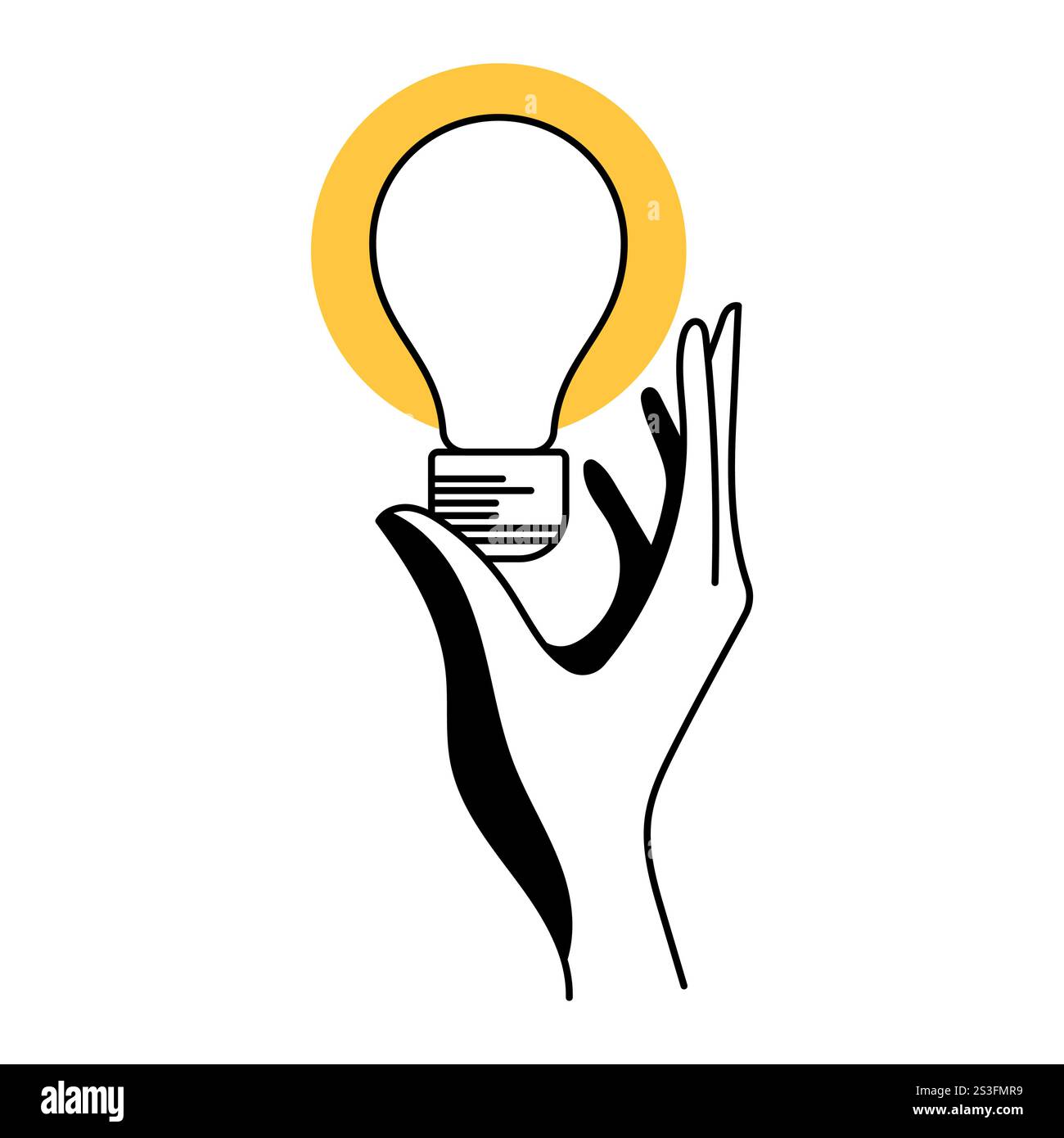 Un'idea di lampadina con la mano. Creatività conoscenza e scoperta innovazione grande idea. Illustrazione vettoriale a linee sottili su sfondo bianco. Illustrazione Vettoriale