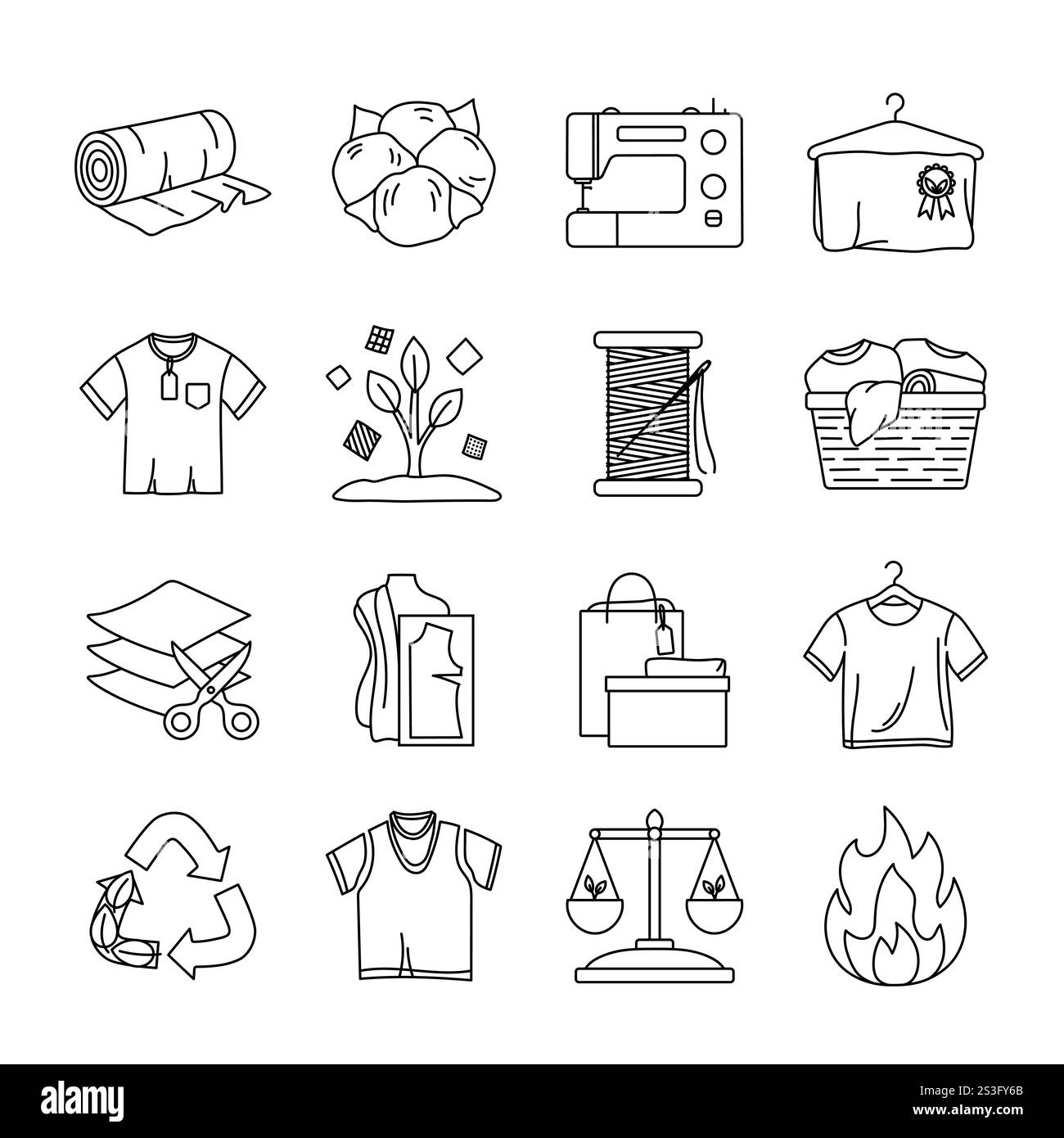 Set di icone circolari per l'economia della moda. Ciclo di vita del prodotto dalle materie prime alla produzione, al consumo, al riutilizzo, al riutilizzo, al riutilizzo, al downcycle e al riciclaggio. S Illustrazione Vettoriale